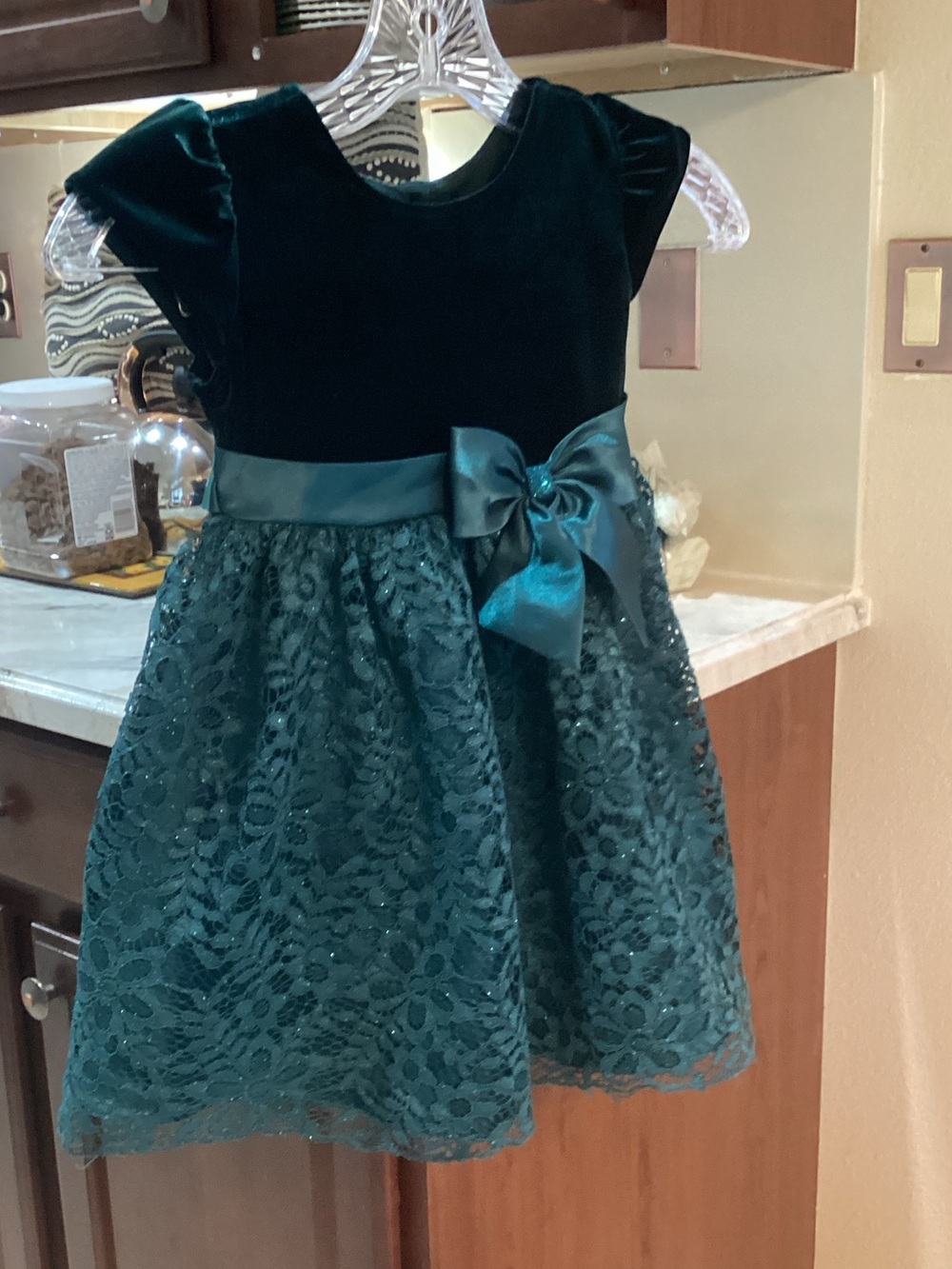 Jona Michelle Teal Velvet & Lace Dress with Satin Bow